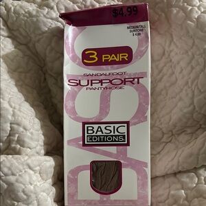 Vintage Basic Editions Sandalfoot Support Pantyhose Suntone 3 Pair